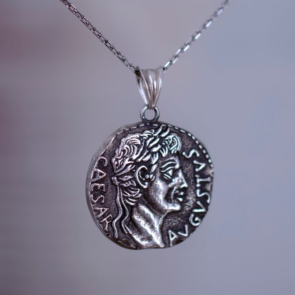 Bust of Augustus Caesar Oxidized Silver Reproduction Coin Pendant, Byzantine Style Ancient Rome Necklace, Antique Look Historical Jewelry