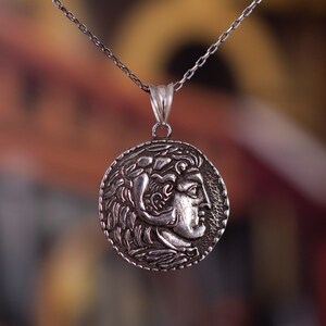 Bust of Herakles Oxidized Silver Reproduction Coin Pendant, Byzantine Style Ancient Rome Necklace, Antique Look Historical Jewelry