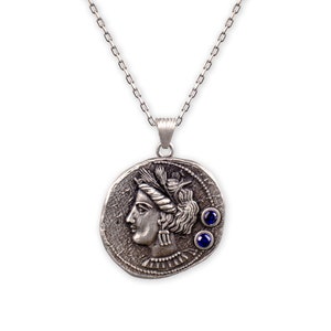 Bust of Tanit Oxidized Silver Coin Pendant, Byzantine Style Ancient Carthage Necklace, Antique Look Historical Jewelry