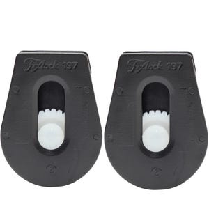 May include: Two black plastic Fi-Lock 197 clips. Each clip has a white plastic roller and a white ball. The clips are teardrop-shaped with rounded bottoms and a rectangular top. The text "Fi-Lock 197" is printed on the top of each clip.