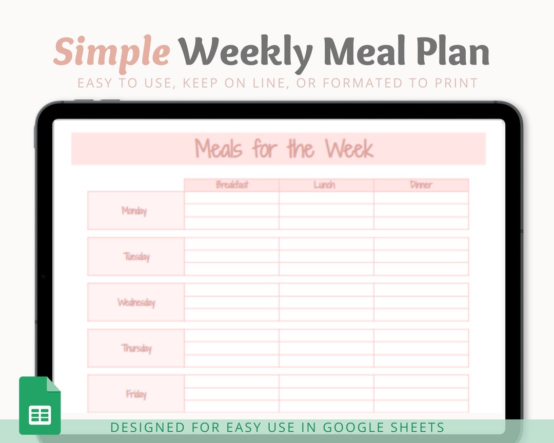 Simple Weekly Meal Planner Template, Google Sheets Meal Planner Simple Weekly Meal Planner Template, Google Sheets Meal Planner