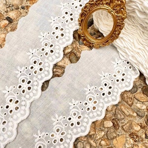 Cotton Eyelet Lace Trim: 3" Embroidered Floral Scalloped Ribbon