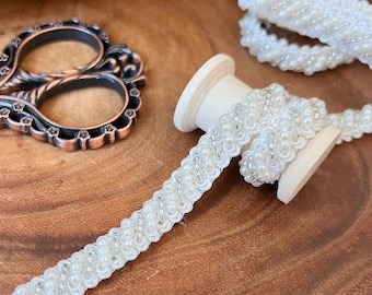 White Pearl Beaded Lace Trim: Wedding Ribbon (3/8 inch)