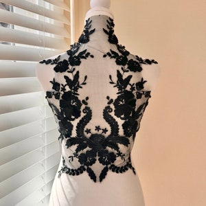 Black Floral Lace Applique: Embroidered back Dress Patch (17” by 13”)