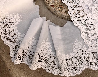 Embroidered cotton Lace trim 7,5-14 inches (19-35 cm) wide for Bridal, Crochet, Home Decor. Natural Off white Lace trim fabric for eyelets