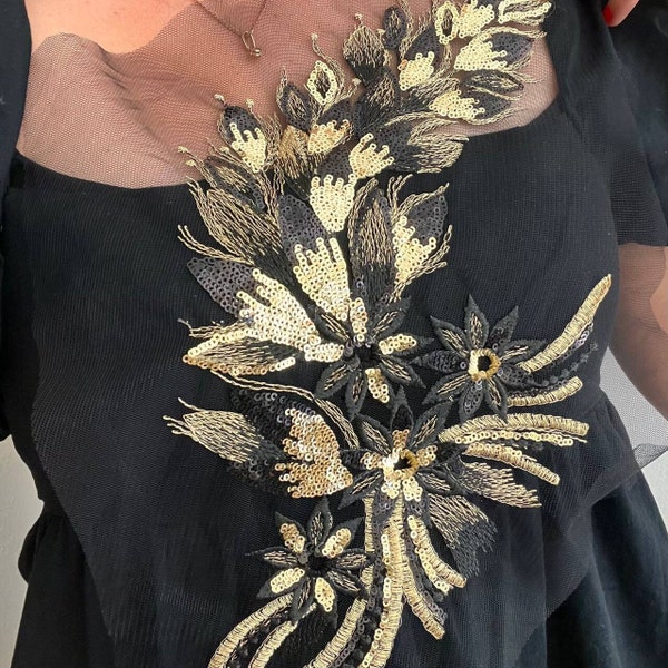 Black And Gold Applique Embroidered Flowers and Beaded With Sequins For Dance Costume, Ballet, Couture Gowns, Garments, Kids Dress Decore