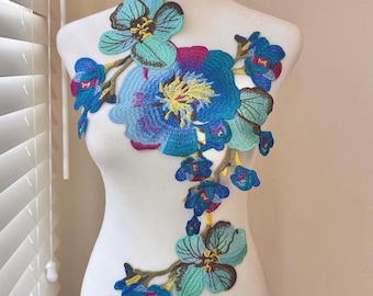 Large Blue and Pink Floral Appliqué Patch: Couture Gown, Dance Costume (21” x 12”)