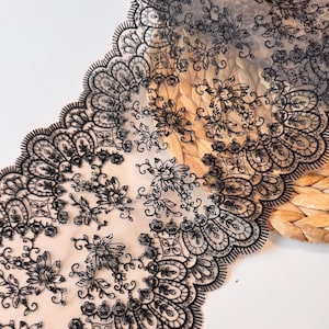 Black Embroidered Tulle Lace Trim: Beige Floral Mesh, 7.5&quot; Wide
