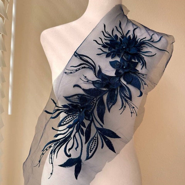 Navy Blue Lace Applique 20" by 7"  Embroidered 3D Flowers and Beaded With Perls For Dance Costume, Ballet, Couture Gowns, Back Dress