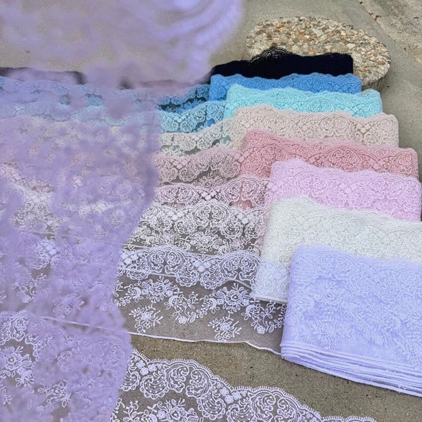 Lace Trim 5 inches, Floral Embroidered Tulle White, Ivory, Pink, Blue Mesh Net Lace Trim, Scalloped Border, Vintage With Rose DIY