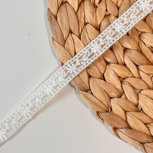 May include: A close-up of a white lace ribbon with a delicate floral pattern. The ribbon is placed diagonally across a woven, light brown surface. The lace has a detailed, openwork design.