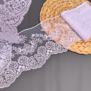 White Floral Lace Trim: 5&quot; Embroidered Tulle Mesh, Scalloped Edge