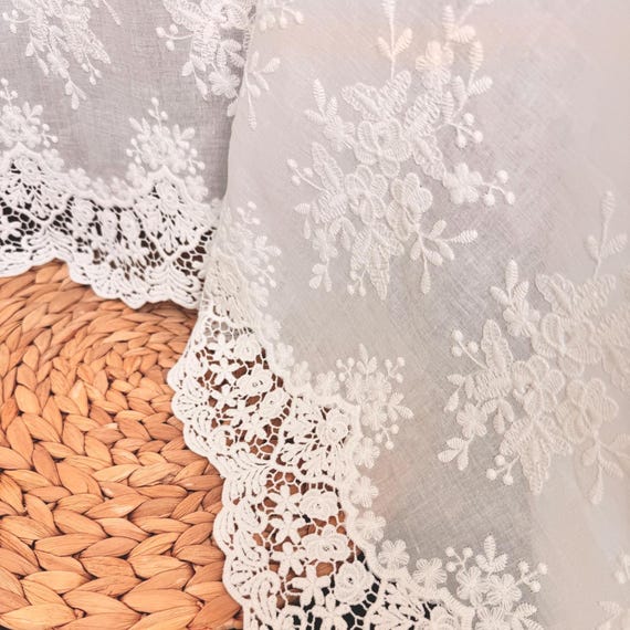 White Embroidered Cotton Dress Material Eyelet Lace Cotton Fabric:  Embroidered Off-White Vintage Dress Material 52