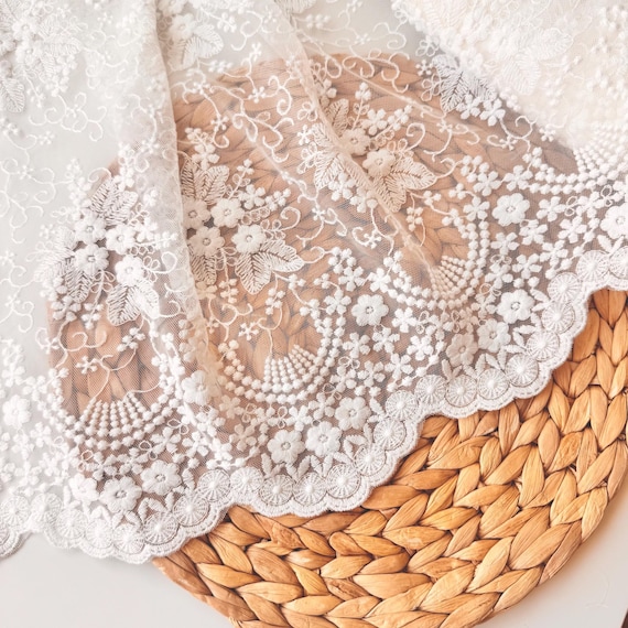 Embroidered Cotton Lace Trim: Off-white 16" Wide Square Design, Bridal Edging