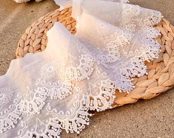 Embroidered Cotton Lace Trim: 6" Wide Off-White Eyelet Ribbon