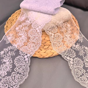 Ivory Floral Lace Trim: 5&quot; Embroidered Tulle Mesh, Scalloped Edge