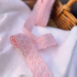 pink embroidered lace trim
cotton lace for bows
pink lace fabric
vintage cotton ribbon