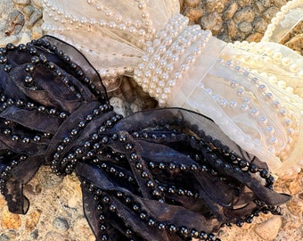 Pearl Ribbon Edge Trim: White or Black Beaded Lace, 4mm Diameter Pearls