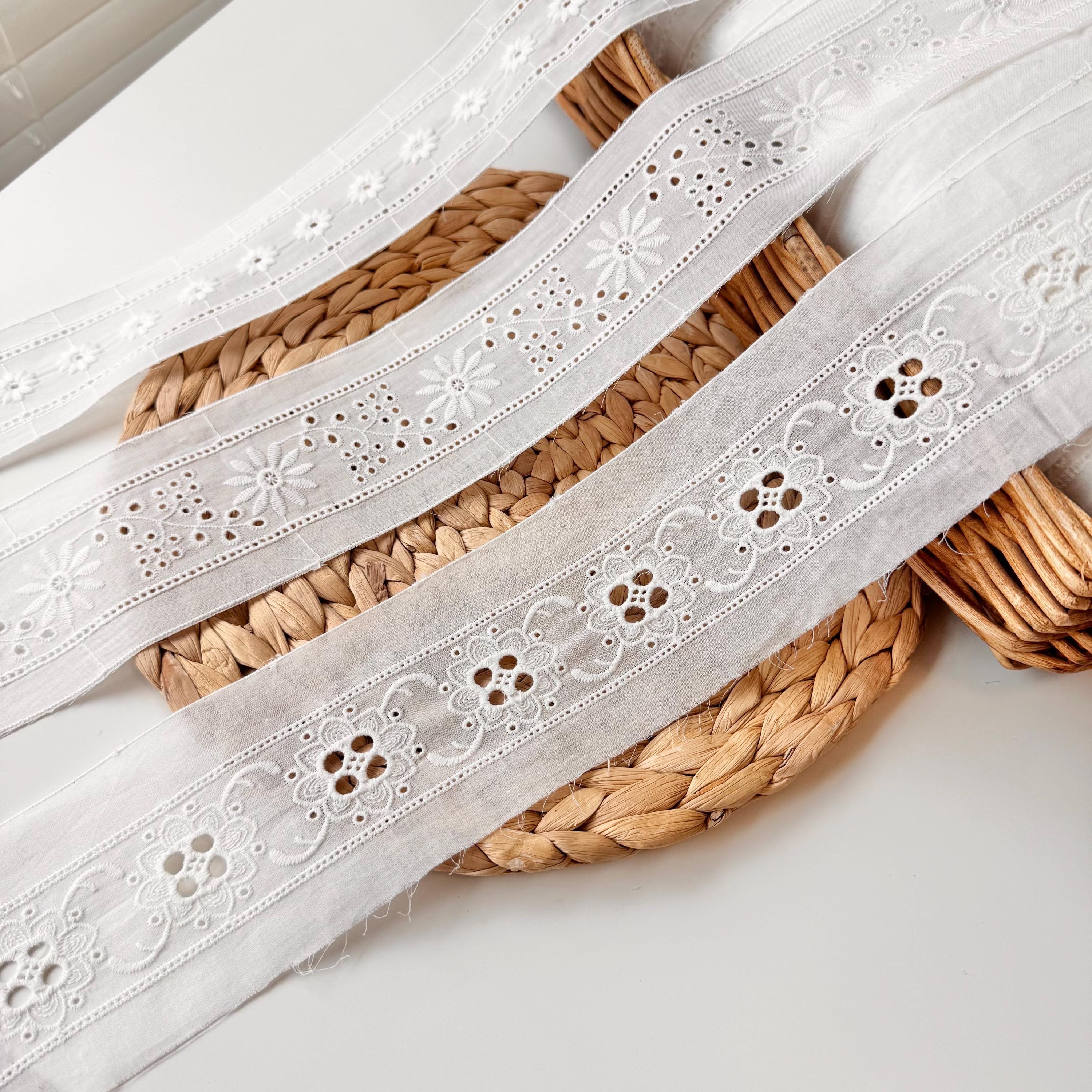 Embroidered Entredeux Cotton Eyelet Lace Trim: 1,5-inch Wide Off-white ...