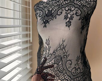 Black Chantilly Eyelash Lace Trim: 17-Inch Wide, Price for 3 Yards