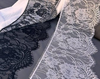 Chantilly Lace Trim, Black White Eyelash Mesh Fabric, Price For 3 yards, 10 Inches wide For Lingerie, Underwear, Dress, Bulk Lace Trim
