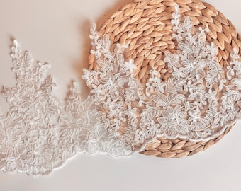 White Alencon Lace Trim, Floral Embroidered Scalloped Border, 9" Wide