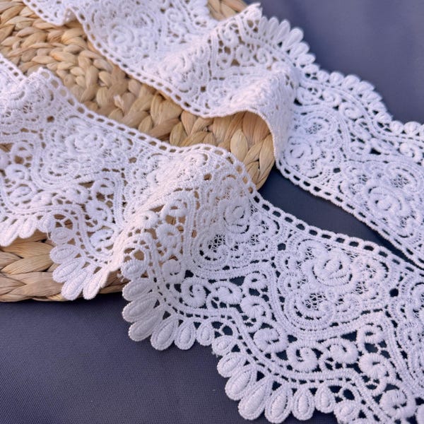 Cotton Lace Trim, Off-white 3.5" width Crochet Ribbon, Scalloped Border