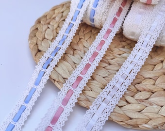 Off-White Cotton Inserted Lace Trim: 1in Vintage Crochet Ribbon with Blue, Pink  Bows making