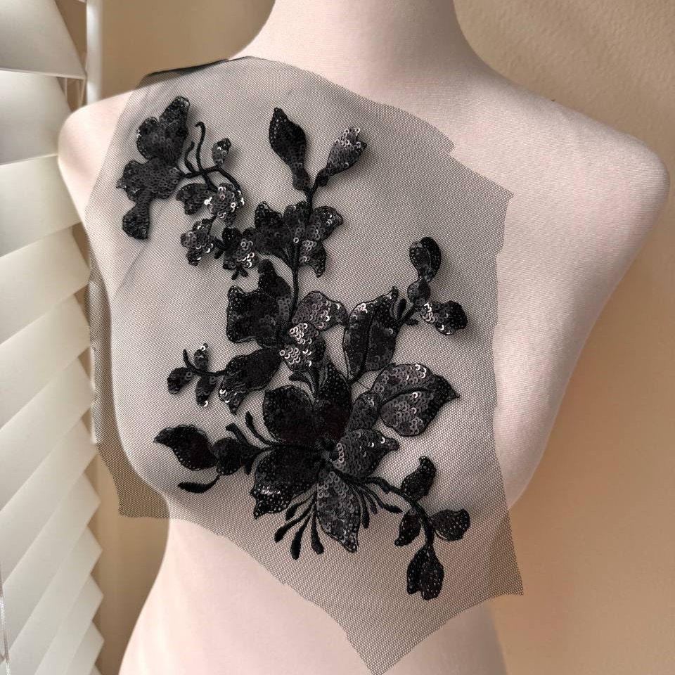 Black green Autumn Dance Flowers Embroider With Sequins On A mesh lace sold by the yard
