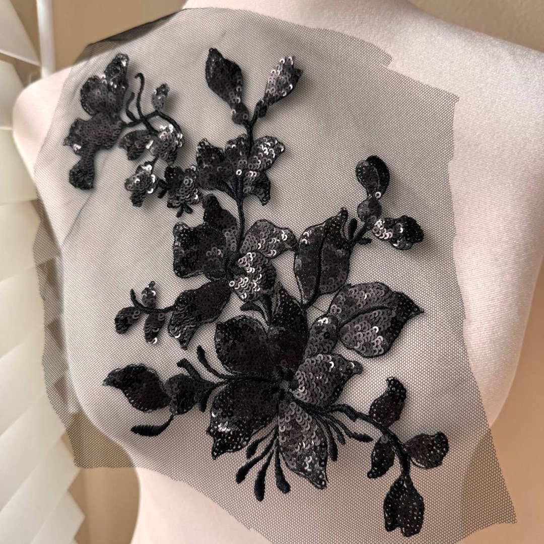 Black green Autumn Dance Flowers Embroider With Sequins On A mesh lace sold by the yard main image 1