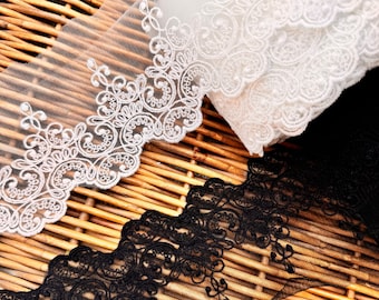 Embroidered Cotton Lace Off White, Black Trim 4" (10cm) Wide, Mesh Gauze Ribbon, Scalloped Border, Bridal Lace Edging Fabric by Yard