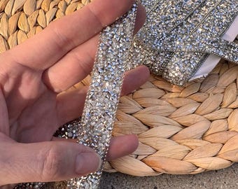Silver Rhinestone Trim: Beaded Crystal Ribbon Applique, Iron On, 2cm width