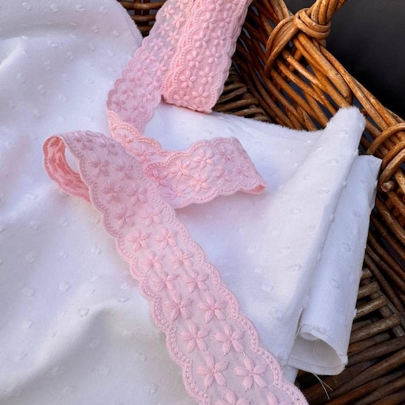 Pink Eyelet Lace Trim: 1-Inch Mirrored Embroidered Cotton Ribbon, Vintage Style
