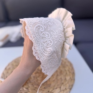 Vintage Baptism Bonnet, Handmade Ivory Cotton Christening For Baby Girl, Christening Lace