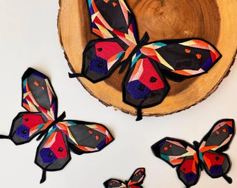 Butterfly Applique Bright and Colorful,  Embroidered Black Patch, Decor with Butterflies DIY