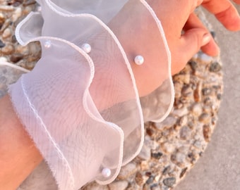 Pleated 3 Layers Organza Lace Trim, Ruffled Beaded Pearl Pleat For Baby, Doll Wedding Dress, 3,9in (10cm) by Yard, Tulle Edge Mesh Lace DIY