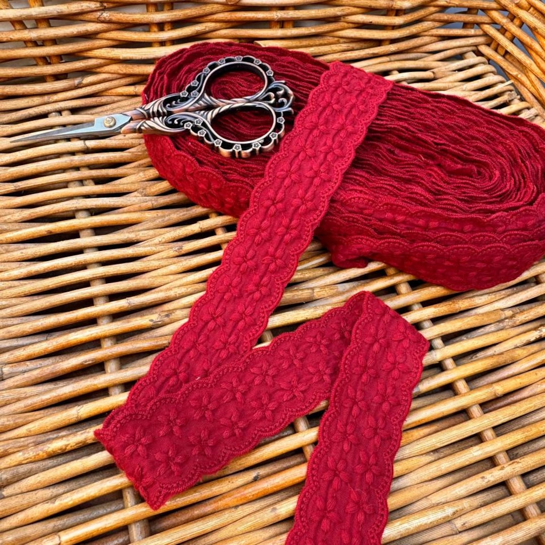 Red Eyelet Lace Trim: 1-inch Mirrored Embroidered Cotton Ribbon - Etsy