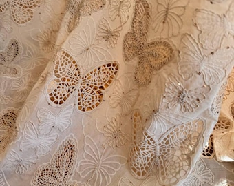 Butterfly Cotton Fabric: Beige Eyelet Lace with Sequins (53'' Wide)