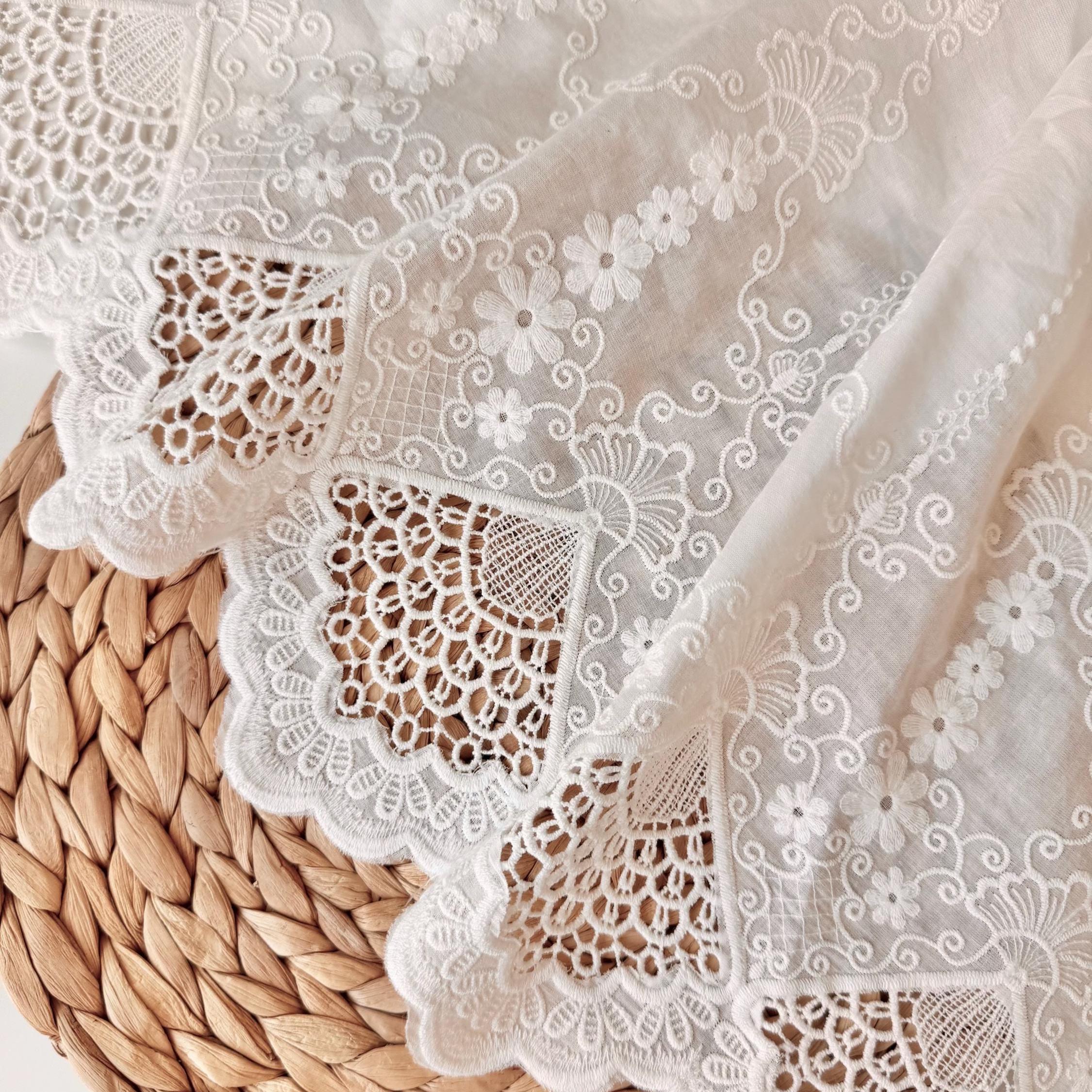 Eyelet Lace Cotton Fabric Off-White Color, Embroidered Material 52’’ Wide, Perfect For Dress, Vintage Curtain, DIY Decore