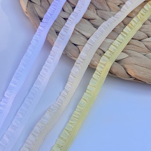 Stretch witte, gebroken witte, gele rand met ruches, vintage lint (1 cm) elastisch Cluny-kanten rand met elastische rand