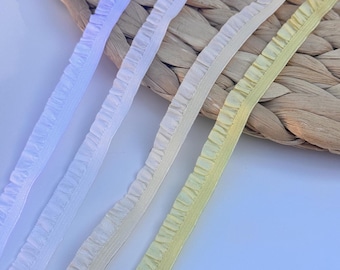 Ruffled Elastic Lace Trim: White, Ivory, Yellow, Off-white Cluny Lace Edging (0.5in/1cm)
