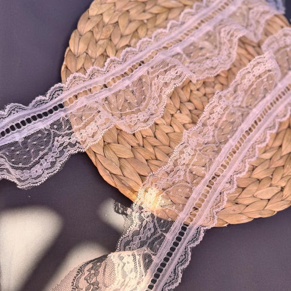 White Ruffled Lace Trim: 3" Nylon Ribbon with Ladder Insert