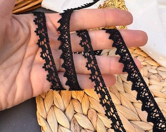 Black Crochet Cotton Lace Trim: Vintage Scalloped Guipure Edge (0.5"/10mm)