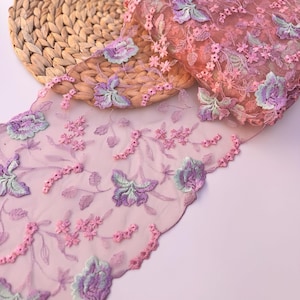 Bright Embroidered Tulle Lace, 8 inches Colorful Mesh Net Lace Trim, Mirrored Bra Making Lace Fabric For Lingerie