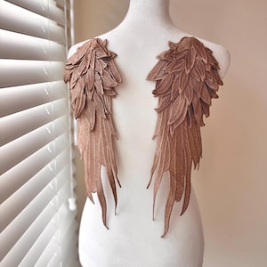 May include: A pair of brown lace wings with a feathered design. The wings are attached to a white mannequin.