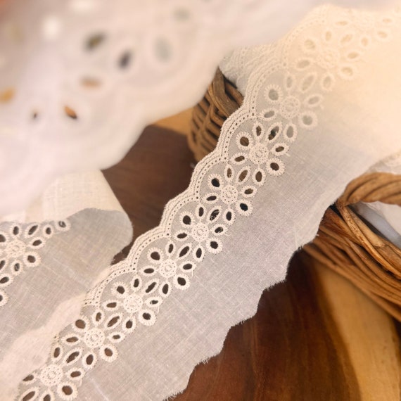 Cotton Eyelet Lace Trim: Off-white Embroidered Floral Scalloped Ribbon, 2.7" width