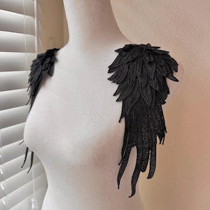 Black Lace Wings Applique, 11х4 inches  Mirrored Crochet Feather, Pair