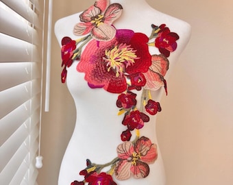 Large Red and Pink Floral Appliqué Patch: Embroidered Couture Costume (21” x 12”)