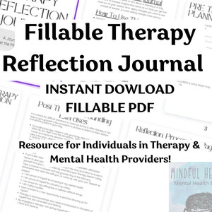 Könnte beinhalten: Digitaler Download-Grafik mit dem Text "Fillable Therapy Reflection Journal" in großen schwarzen Buchstaben. Zusätzlicher Text enthält "Instant Download" und "Fillable PDF". Das Bild ist als Ressource für Personen in Therapie und psychische Gesundheitsdienstleister konzipiert.