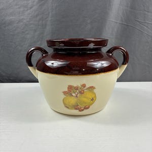 May include: A two-handled ceramic crock with a brown rim and handles, and a cream-colored body. The crock features a fruit and leaf design on the front. The crock is likely used for food storage or decoration.